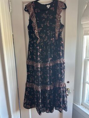 J. Crew Black Maxi Dress with Pink Floral Print and Ruffle Tiers